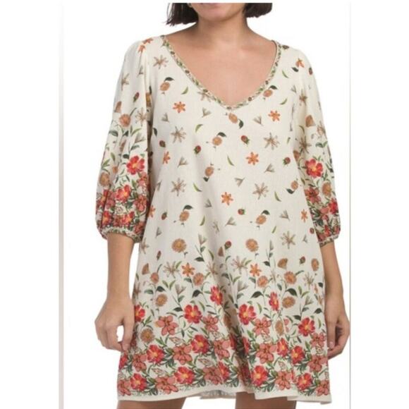 Max Studio Linen V-Neck Floral Printed Puff Sleeve Midi Dress Loose Fit Boho L - Picture 1 of 10